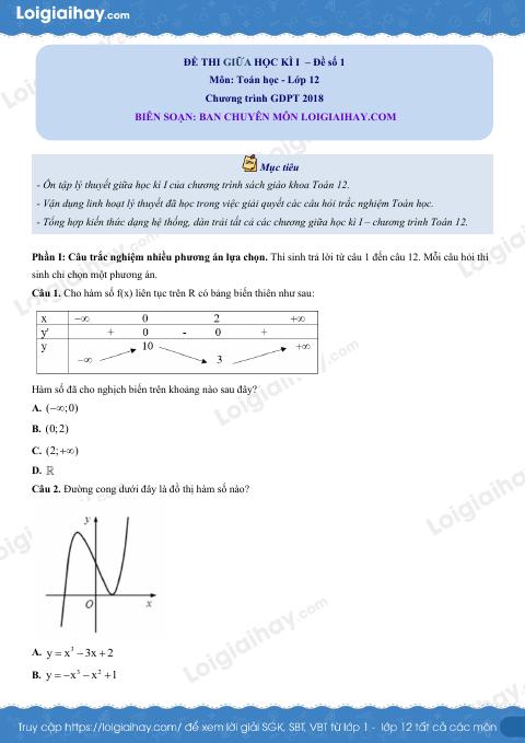 Đề thi giữa kì 1 Toán 12 - Đề số 1